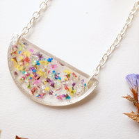 Real Dried Flowers in Resin Necklace, Silver Half Circle in Party Mix - Thumbnail 1