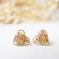 Real Dried Flowers and Resin Heart Stud Earrings in Pink and Yellow - Thumbnail 1