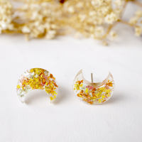Real Dried Flowers and Resin Moon Stud Earrings in Yellow Orange Mint - Thumbnail 1