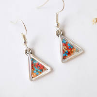 Real Dried Flowers and Resin Earrings, Silver Triangle Drops in Orange Blue Red - Thumbnail 1