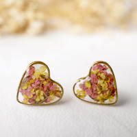 Real Dried Flowers and Resin Heart Stud Earrings in Pink and Yellow - Thumbnail 2