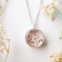 Real Dried Flowers in Resin Necklace, Thick Silver Circle in Pink Purple Mint - Thumbnail 1