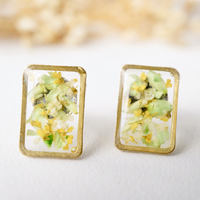 Real Dried Flowers and Resin Stud Earrings, Gold Rectangle in Yellow and Green - Thumbnail 2