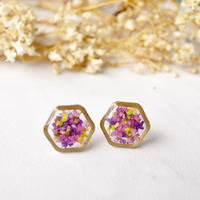 Real Dried Flowers and Resin Stud Earrings, Gold Hexagon in Purple Pink Yellow - Thumbnail 1