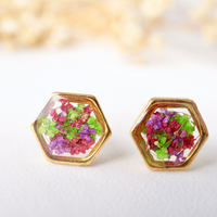 Real Dried Flowers and Resin Stud Earrings, Gold Hexagon in Red Purple Green - Thumbnail 1