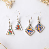 Real Dried Flowers and Resin Earrings, Silver Triangle Drops in Orange Blue Red - Thumbnail 2