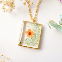 Real Dried Flowers in Resin Necklace, Gold Square in Mint and Orange - Thumbnail 1