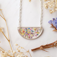 Real Dried Flowers in Resin Necklace, Silver Half Circle in Party Mix - Thumbnail 4