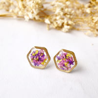 Real Dried Flowers and Resin Stud Earrings, Gold Hexagon in Purple Pink Yellow - Thumbnail 2