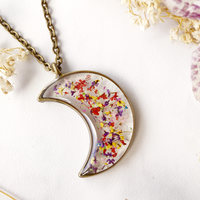 Real Dried Flowers and Resin Moon Necklace in Red Yellow Purple Green Mix - Thumbnail 1