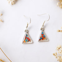 Real Dried Flowers and Resin Earrings, Silver Triangle Drops in Orange Blue Red - Thumbnail 3