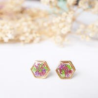 Real Dried Flowers and Resin Stud Earrings, Gold Hexagon in Red Purple Green - Thumbnail 2