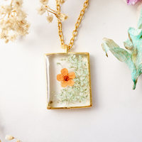 Real Dried Flowers in Resin Necklace, Gold Square in Mint and Orange - Thumbnail 2