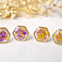 Real Dried Flowers and Resin Stud Earrings, Gold Hexagon in Purple Pink Yellow - Thumbnail 3