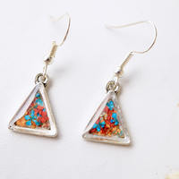 Real Dried Flowers and Resin Earrings, Silver Triangle Drops in Orange Blue Red - Thumbnail 4