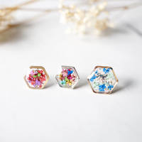Real Dried Flowers and Resin Stud Earrings, Gold Hexagon in Purple Pink Yellow - Thumbnail 4