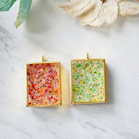 Real Dried Flowers in Resin Necklace, Gold Square in Mint and Orange - Thumbnail 3
