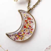 Real Dried Flowers and Resin Moon Necklace in Red Yellow Purple Green Mix - Thumbnail 2