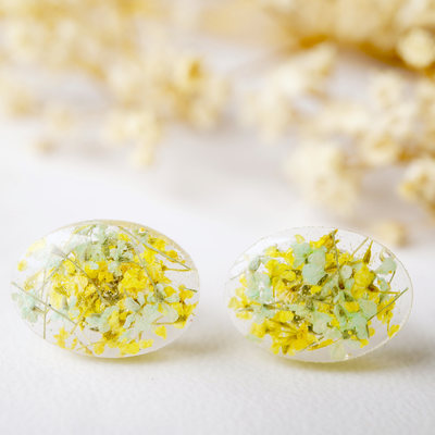 Real dried flowers and resin oval stud earrings in yellow and mint