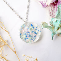 Real Dried Flowers in Resin Necklace,  Circle in Light Pink Blue Mint - Thumbnail 1