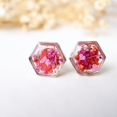 Real dried flowers and resin stud earrings, silver hexagon in red pink mix