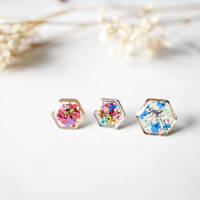 Real Dried Flowers and Resin Stud Earrings, Gold Hexagon in Red Purple Green - Thumbnail 4
