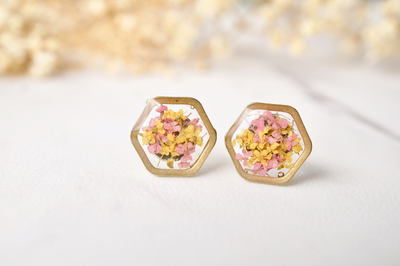 Real Dried Flowers and Resin Stud Earrings, Gold Hexagon in Pink and Yellow