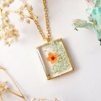 Real Dried Flowers in Resin Necklace, Gold Square in Mint and Orange - Thumbnail 4