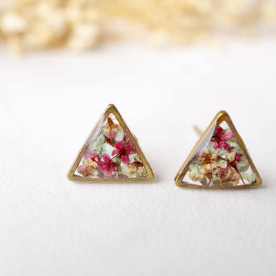 Real dried flowers and resin triangle stud earrings in baby blue magenta white
