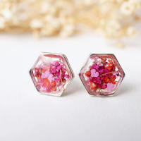 Real Dried Flowers and Resin Stud Earrings, Silver Hexagon in Red Pink Mix - Thumbnail 1