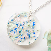 Real Dried Flowers in Resin Necklace,  Circle in Light Pink Blue Mint - Thumbnail 2