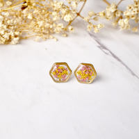 Real Dried Flowers and Resin Stud Earrings, Gold Hexagon in Pink and Yellow - Thumbnail 1