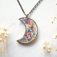 Real Dried Flowers and Resin Moon Necklace in Red Yellow Purple Green Mix - Thumbnail 4