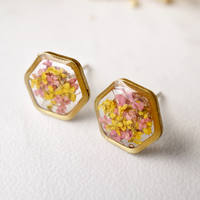 Real Dried Flowers and Resin Stud Earrings, Gold Hexagon in Pink and Yellow - Thumbnail 2