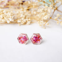 Real Dried Flowers and Resin Stud Earrings, Silver Hexagon in Red Pink Mix - Thumbnail 3