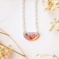 Real Dried Flowers in Resin Necklace, Small Silver Half Circle in Pink Orange Mix - Thumbnail 3