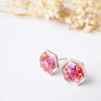Real Dried Flowers and Resin Stud Earrings, Silver Hexagon in Red Pink Mix - Thumbnail 4
