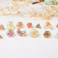 Real Dried Flowers and Resin Flower Stud Earrings in Yellow Mint Pink - Thumbnail 5