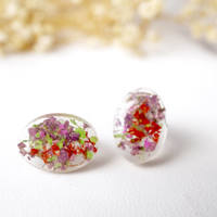 Real Dried Flowers and Resin Oval Stud Earrings in Purple Pink Red Green - Thumbnail 4