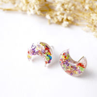 Real Dried Flowers and Resin Moon Stud Earrings in Party Mix - Thumbnail 2