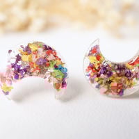 Real Dried Flowers and Resin Moon Stud Earrings in Party Mix - Thumbnail 3