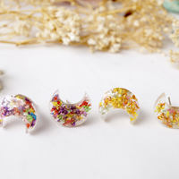 Real Dried Flowers and Resin Moon Stud Earrings in Party Mix - Thumbnail 4