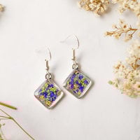 Real Dried Flowers and Resin Earrings, Silver Diamond Drops in Yellow Blue Pink - Thumbnail 4