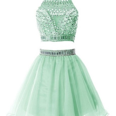 Two pieces short tulle prom dresses halter neck crystals women dresses