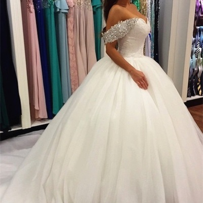 Off shoulder ball gown white tulle wedding dresses crystals beaded women party dresses