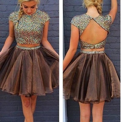 Two pieces short tulle prom dresses cap sleeves crystals women dresses