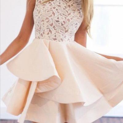Two layers short pink satin prom dresses lace women party dresses