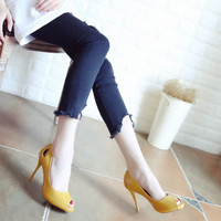 New Fine With Shallow Mouth High Heels Sexy Patent Leather Hollow Single Shoes Female Fish Mouth Shoes - Thumbnail 2