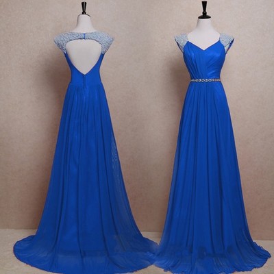 Open Back Long Chiffon Prom Dresses Crystals Women Party Dresses