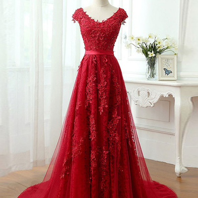 2017 prom dresses,red a-line scoop floor-length tulle prom dresses evening dresses sky184